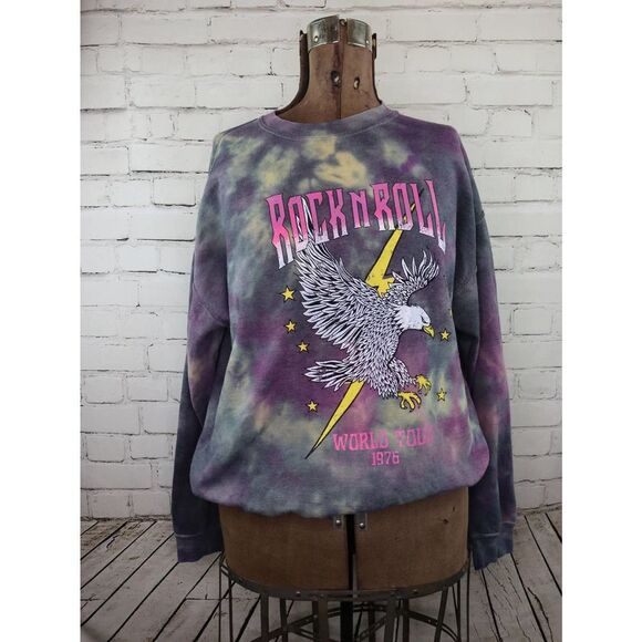 Rock & Roll World Tour Repurposed Tie Dyed Sweatshirt NEW L/XL - Picture 1 of 6
